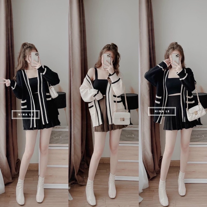 Áo khoác len cardigan dáng dài phối màu cực xinh!