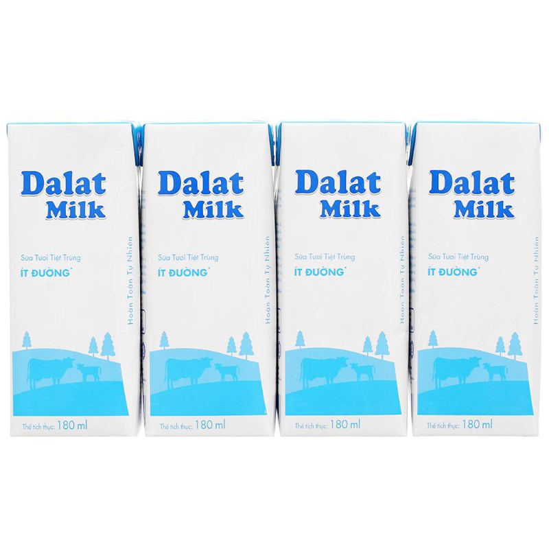 Lốc 4 hộp sữa tươi tiệt trùng ít đường Dalat Milk 180ml