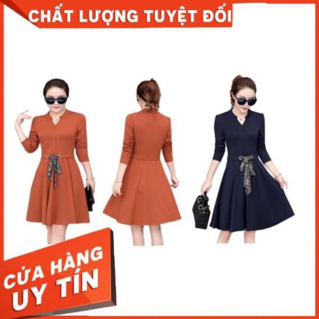 Kho sỉ Bán buôn Đầm cổ trụ xòe dài tay đai eo thắt khăn DVNL13 ❤️FREE SHIP❤️  giá rẻ ❤️FREE SHIP❤️ hàng đẹp