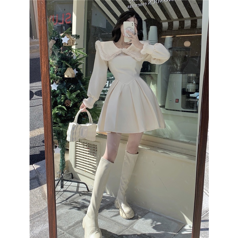 Đầm kem trắng sữa tay dài thủy thủy phối lông bông noel giáng sinh xòe công chúa eo thon ulzzang