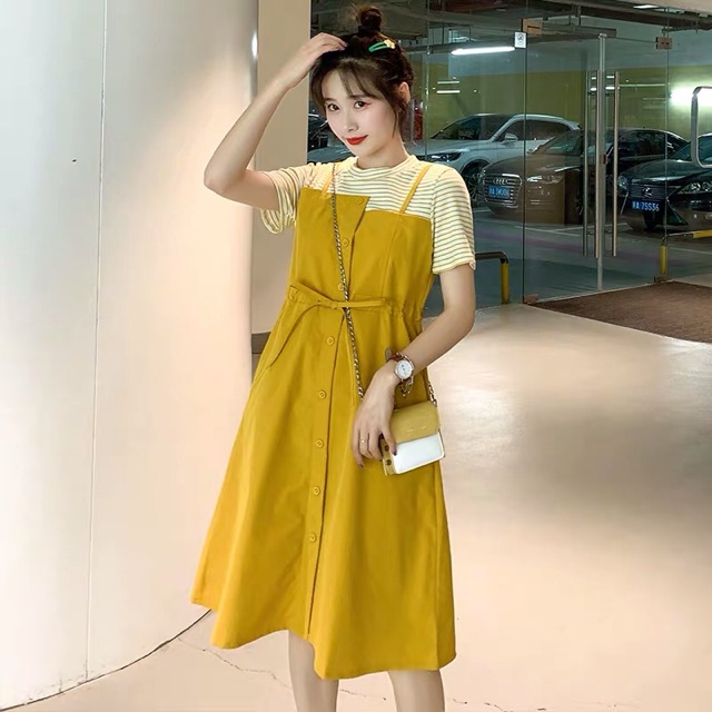 {Order bigsize,M-4Xl}Váy liền thân vàng dáng yếm dây rút eo | BigBuy360 - bigbuy360.vn