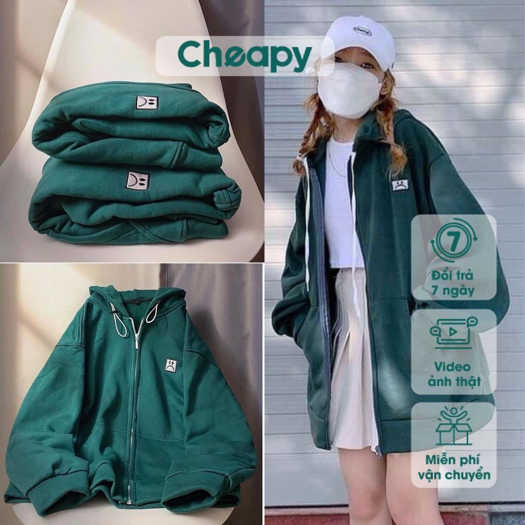Áo khoác hoodie nỉ bông thêu Icon chữm nữ màu xanh Cheapy form rộng khóa kéo oversize mặc mùa đông cá tính hàn quốc - HÀ