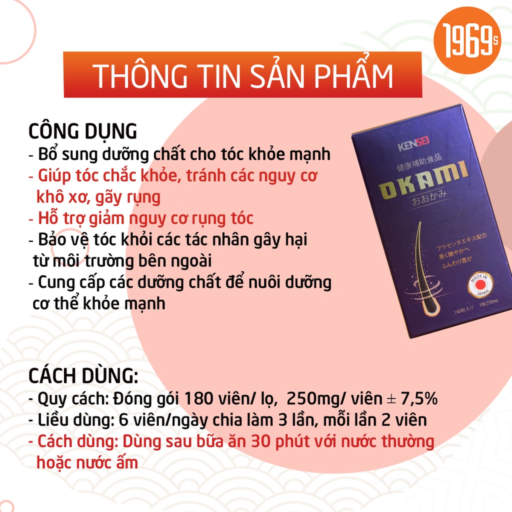 Viên uống hỗ trợ kích mọc tóc OKAMI Nhật Bản ngăn rụng, nuôi dưỡng phục hồi nang tóc khỏe 180 viên - 1969s Việt Nam