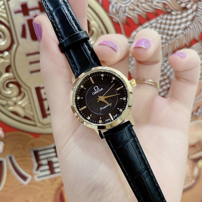 Đồng hồ nữ Omega, dây da mềm, hai màu nâu và đen, hàng full box, thẻ bảo hành 12 tháng - Dongho.omega