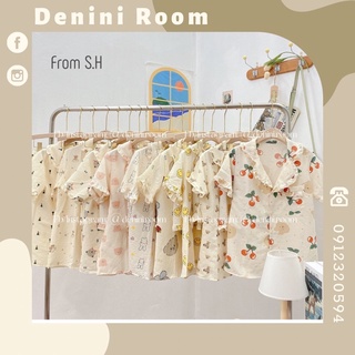 Set bộ ngủ pyjama cổ bẻ viền bèo chất đũi xốp hình hoạ tiết dễ thương