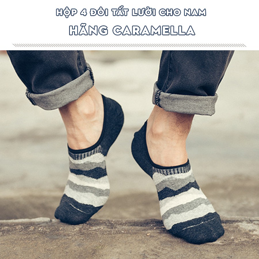 Bộ 4 đôi tất lười vớ lười cho nam màu đen hãng Caramella chất liệu cotton khử mùi kháng khuẩn chống hôi chân 53464