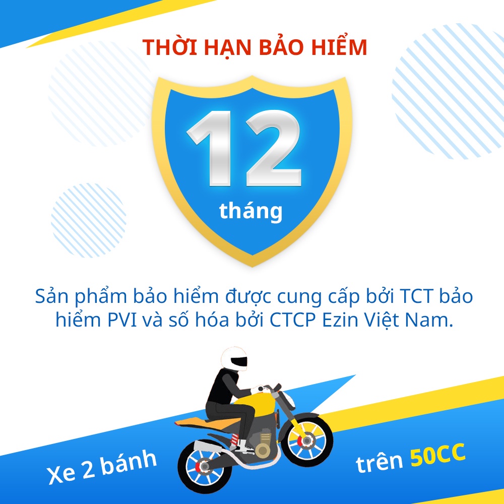 TOÀN QUỐC  Bảo hiểm Trách nhiệm dân sự Bắt buộc xe máy trên 50cc Ezin PVI và người ngồi sau xe - 1 năm