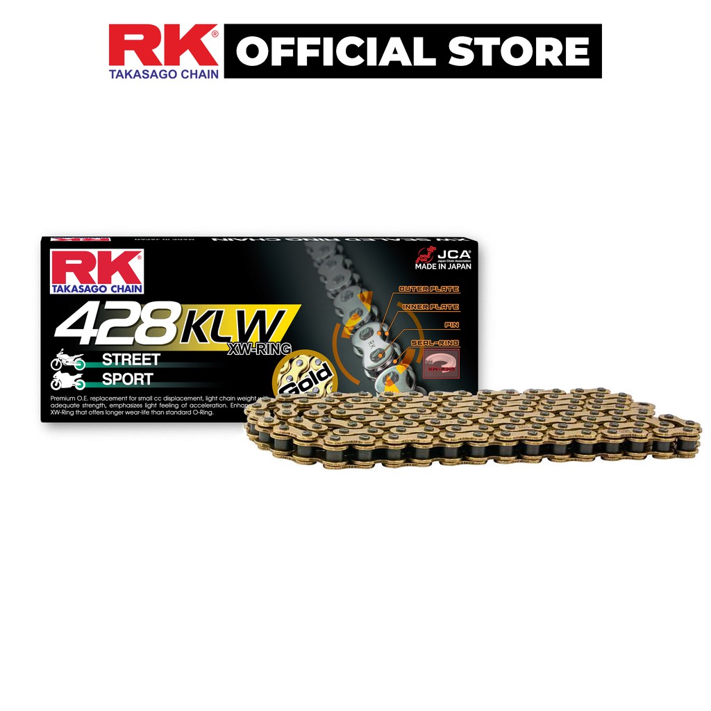 Sên xe máy RK Takasago chain GB-428-KLW, màu vàng, phốt cao su XW-ring, kích thước 10 ly - 428, 132 mắc sên