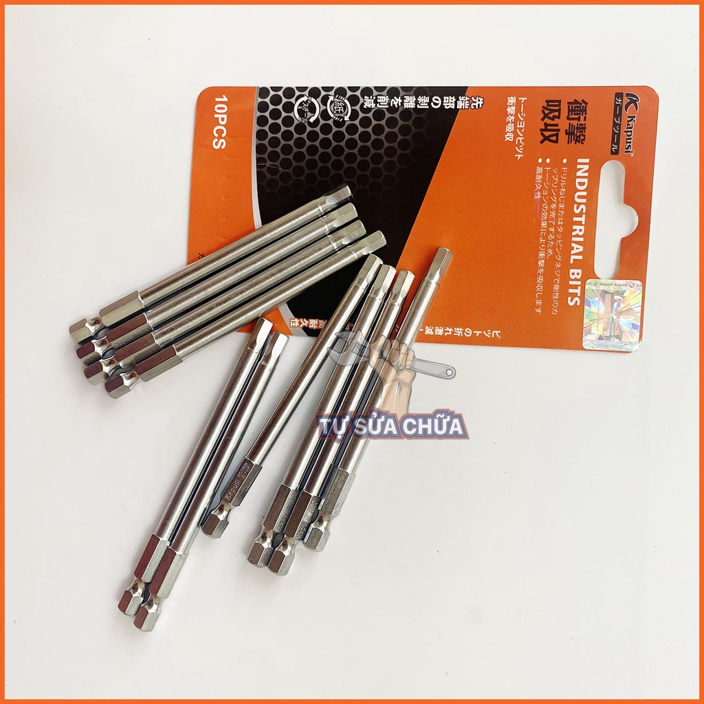 Bộ 10 mũi mở ốc lục giác 10cm chuôi kẹp 6.35mm đa năng size 3-4-5-6mm chính hãng KAPUSI thép S2 cao cấp loại xịn