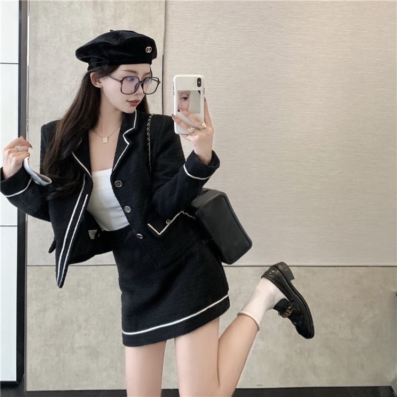 (SẴN) Set dạ viền trắng đen