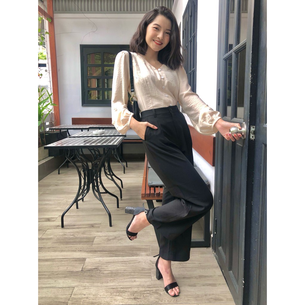 Quần ống rộng nữ lưng cao nút suông dài lưng thường (ko thun sau) 4 màu | BigBuy360 - bigbuy360.vn