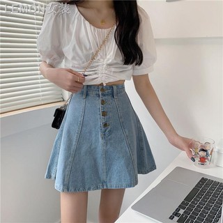 Chân Váy Denim Mỏng Dáng Chữ A Lưng Cao Phối Một Hàng Nút Thời Trang 2020 Ốp