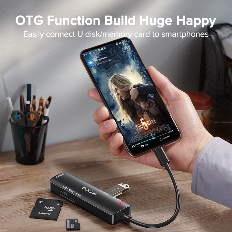 Đầu đọc thẻ nhớ TF/SD QOOVI kết hợp hub USB type C 5 cổng thích hợp cho MacBook iPad Pro Air