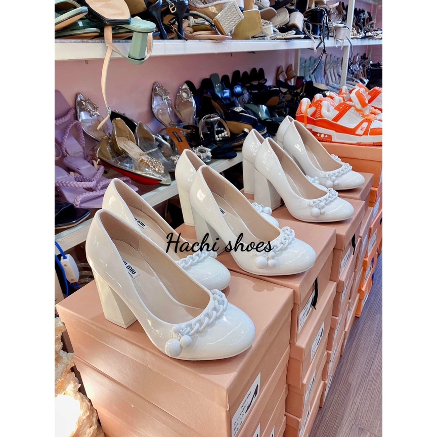 Giày cao gót trắng miumiu gót vuông cao 9cm mẫu hót fullbõx MX2021