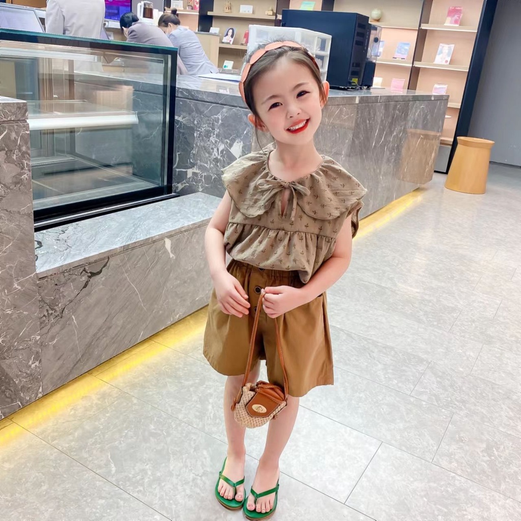 Set Đồ Mùa Hè 5 Món Gồm Áo Sơ Mi Cotton Tay Cộc + Quần Ngắn Hợp Thời Trang Cho Bé Gái