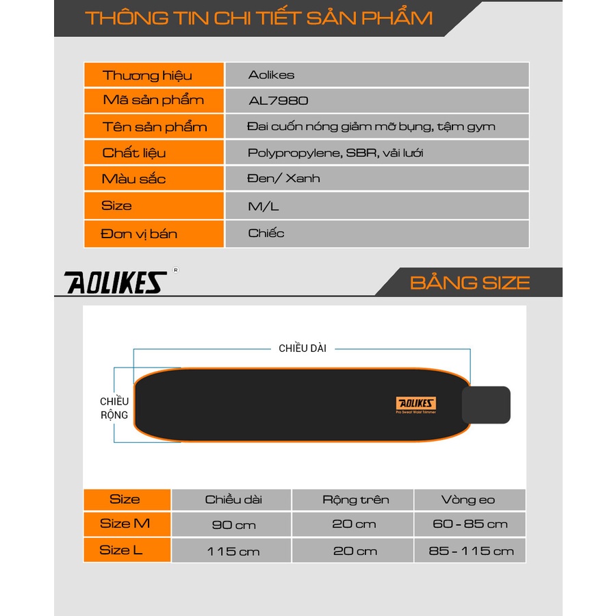 Đai cuốn nóng giảm mỡ bụng Aolikes al 7980 bán sỉ bó nịt quấn giảm cân vòng 2 eo tập gym nâng tạ squat yoga thể hình nữ