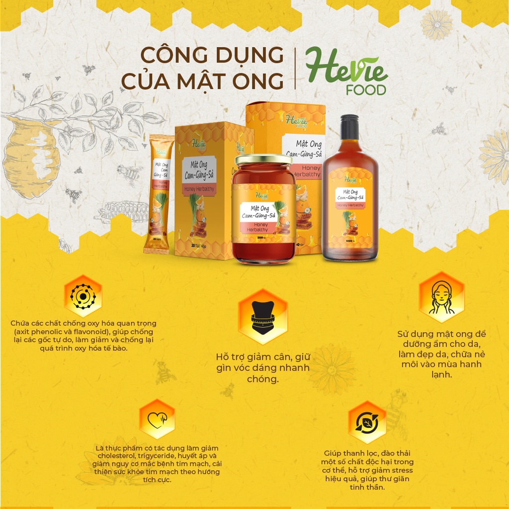 [Date 1/11/2023] Mật ong Cam Gừng Sả herbalthy dưỡng da đẹp dáng 1000Gr HeVieFood