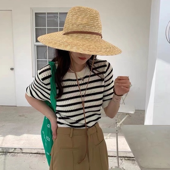 Áo thun ZHELIHANGFEI dệt kim tay ngắn cổ tròn họa tiết kẻ sọc trắng đen dễ thương cho nữ