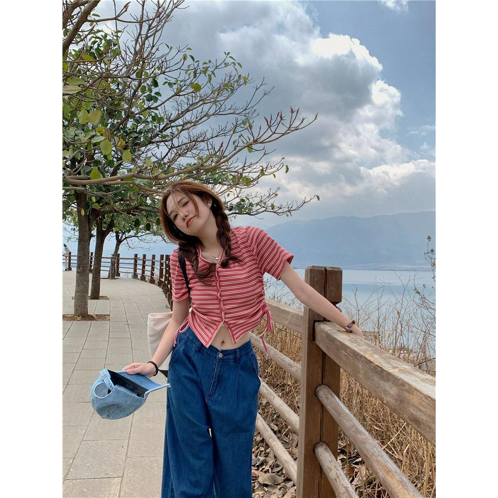 Áo Thun Ngắn Tay Cổ Chữ V Sọc Ngang Phong Cách Mới Dành Cho Mùa Hè 62790