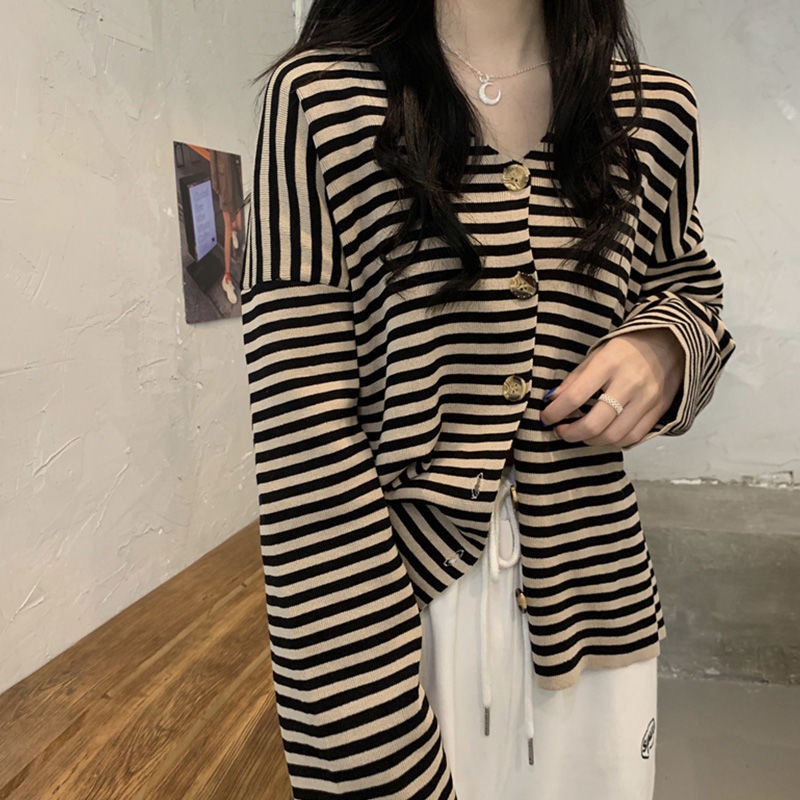 Áo khoác cardigan cổ chữ V tay dài họa tiết kẻ sọc thời trang