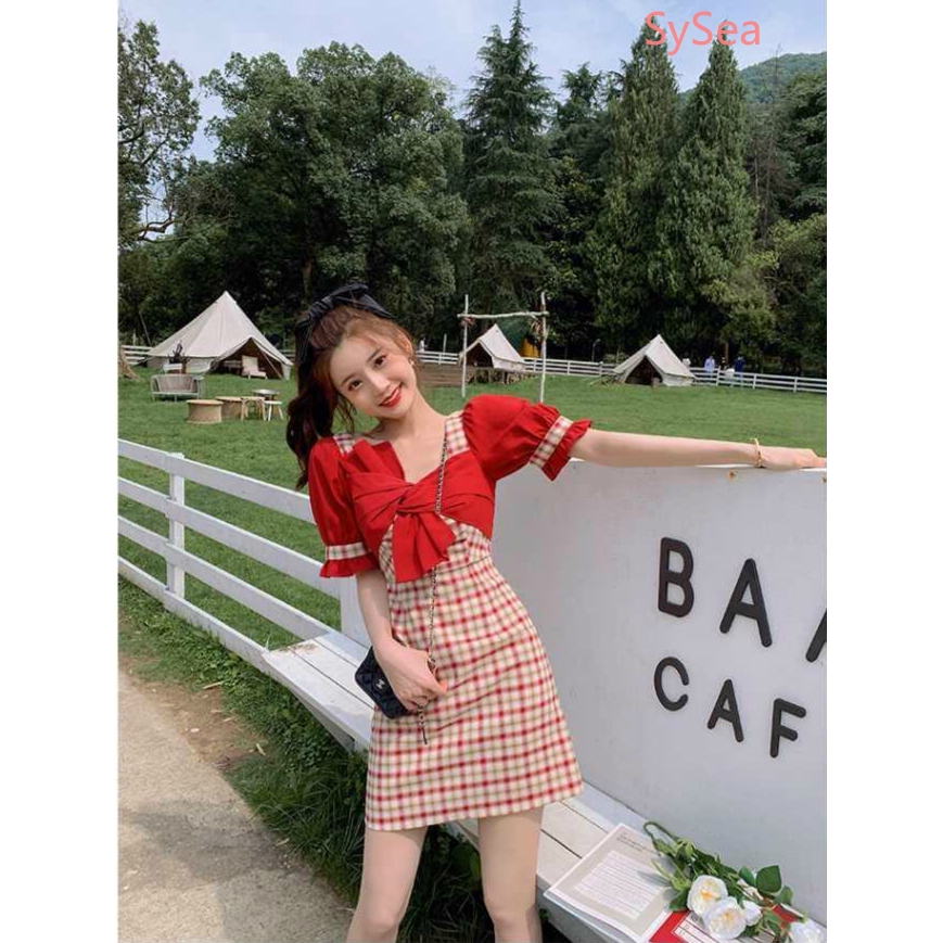 Đầm caro lưng cao thắt nơ cổ vuông phong cách mùa hè thời trang Hàn Quốc cho nữ | BigBuy360 - bigbuy360.vn