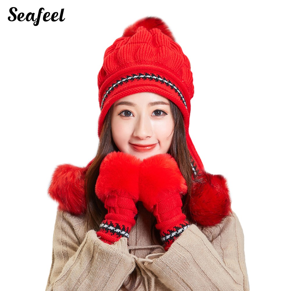Set 3 Nón Len Trùm Đầu Và Găng Tay Len Dày Ấm Áp
