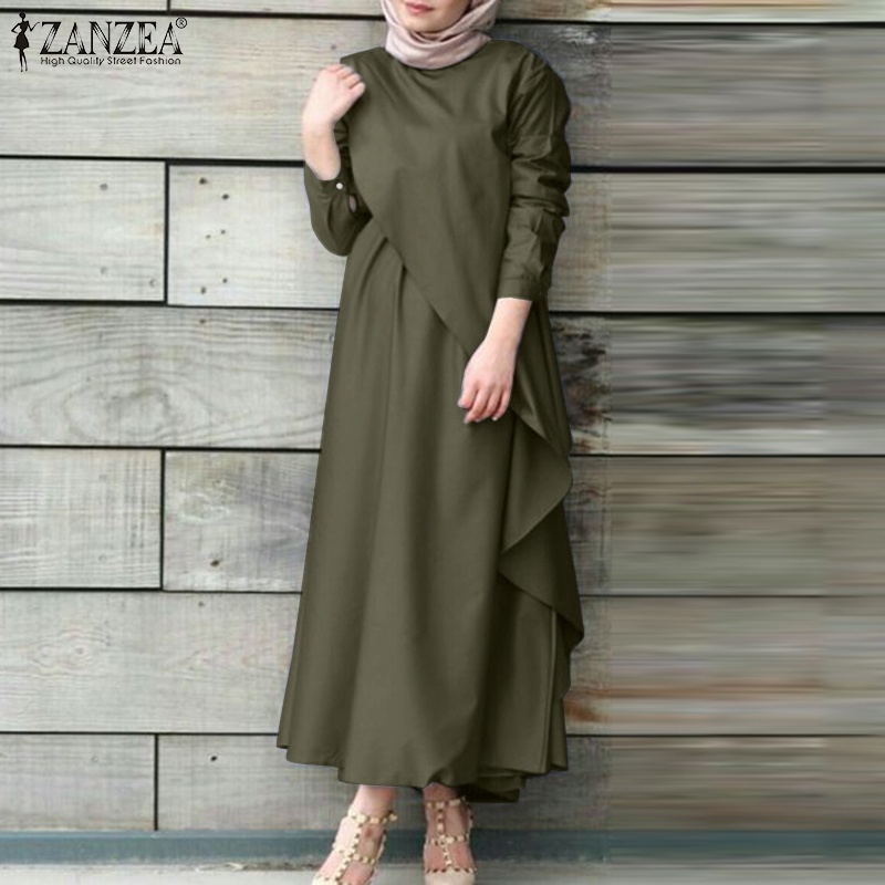 Đầm dài hai lớp ZANZEA cài nút lưng thun phong cách Hồi giáo thanh lịch cho nữ