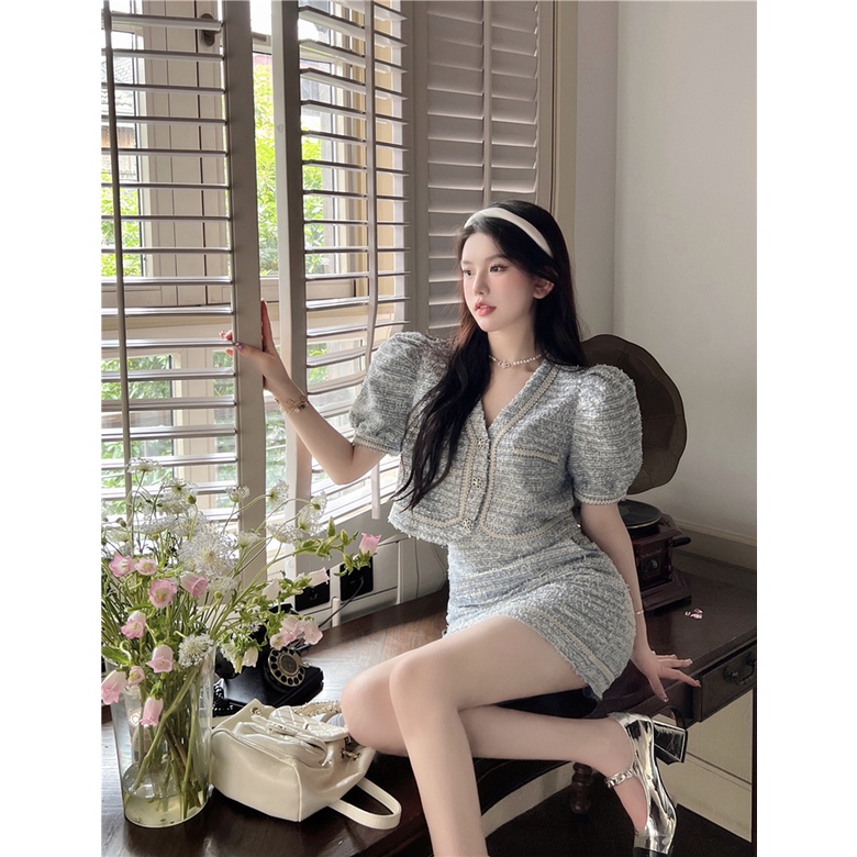Set váy nữ áo croptop tiêu thư sang chảnh Hàn Quốc mùa hè dạ tweed SVN004