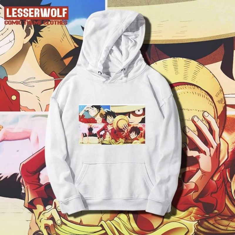 Áo Hoodie Dài Tay Nỉ Ấm Anime One Piece, Luffy Mũ Rơm Hai Màu Đen Trắng