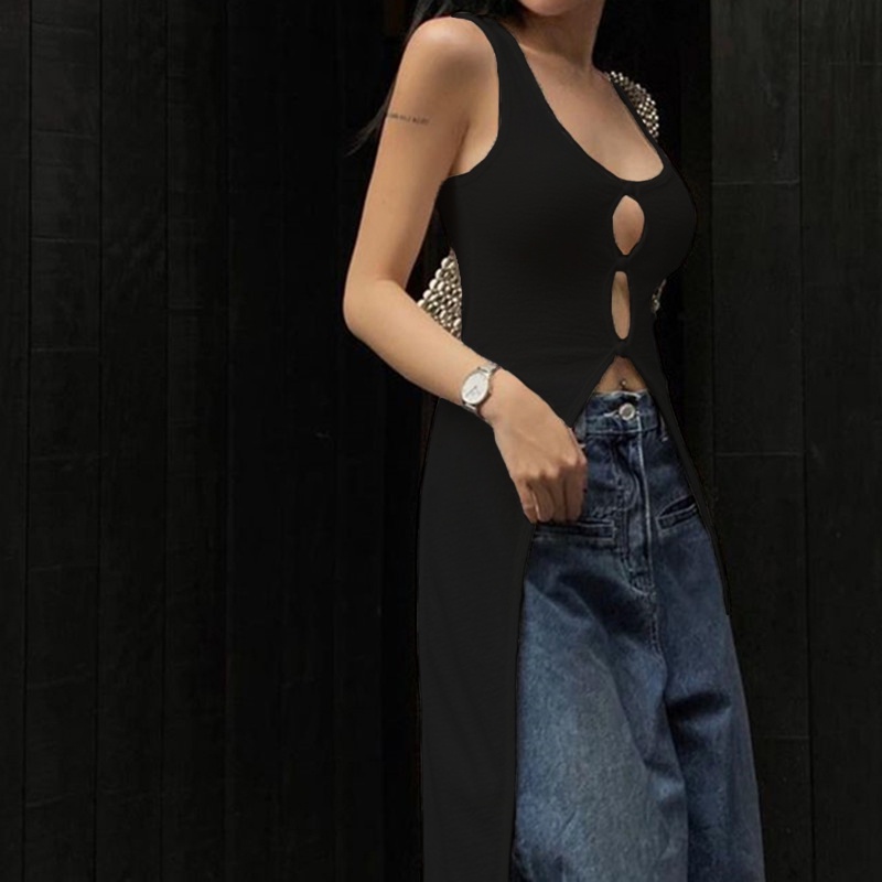 DEMQ-Women Summer Sleeveless Solid Color U-Neck Front Hollow Out Slit Hem Slim Fit Mid-Length Vest