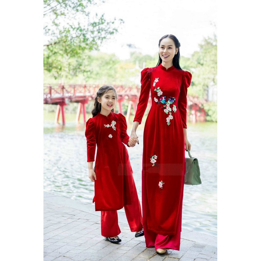Áo dài cách tân mẹ và bé chất nhung cao cấp thích hợp du xuân, lễ Tết - L31