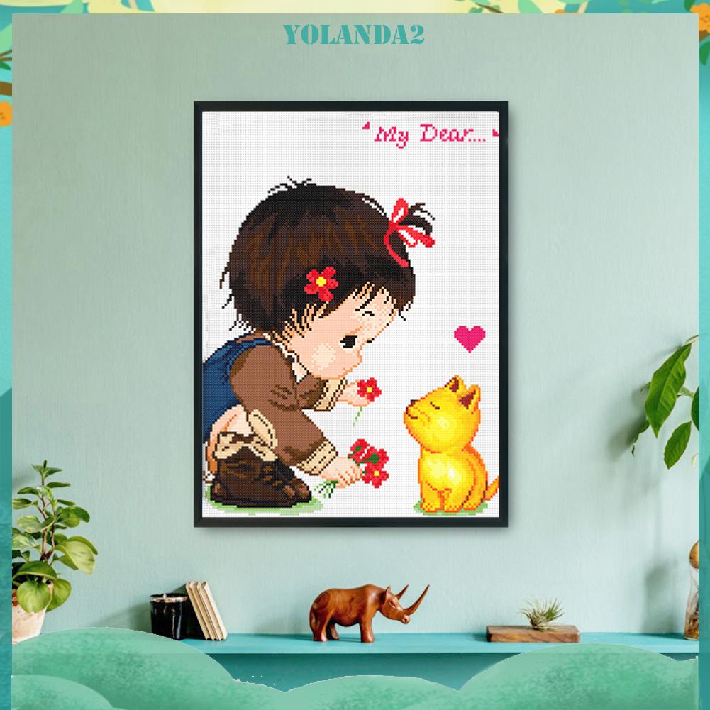 Bộ Tranh Thêu Chữ Thập 11ct Tự Làm Hình Bé Gái Và Động Vật