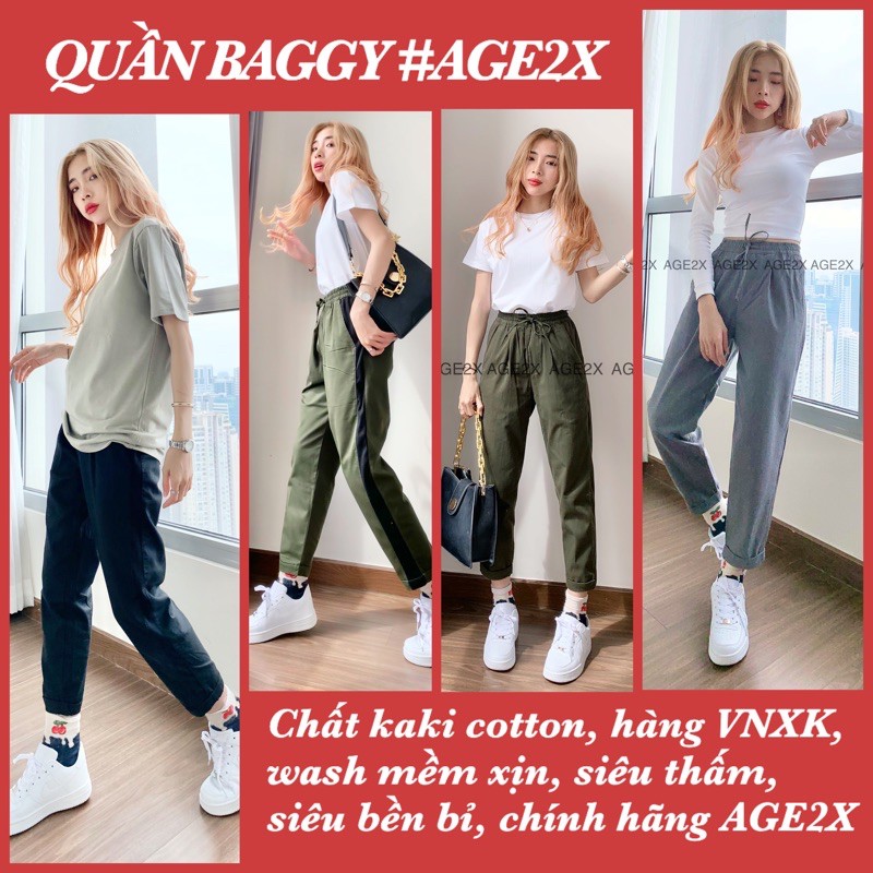 Quần Baggy kaki nữ AGE2X, phong cách công sở kết hợp dạo phố, chất kaki cotton wash mềm, phối sọc bo gân co giãn tốt