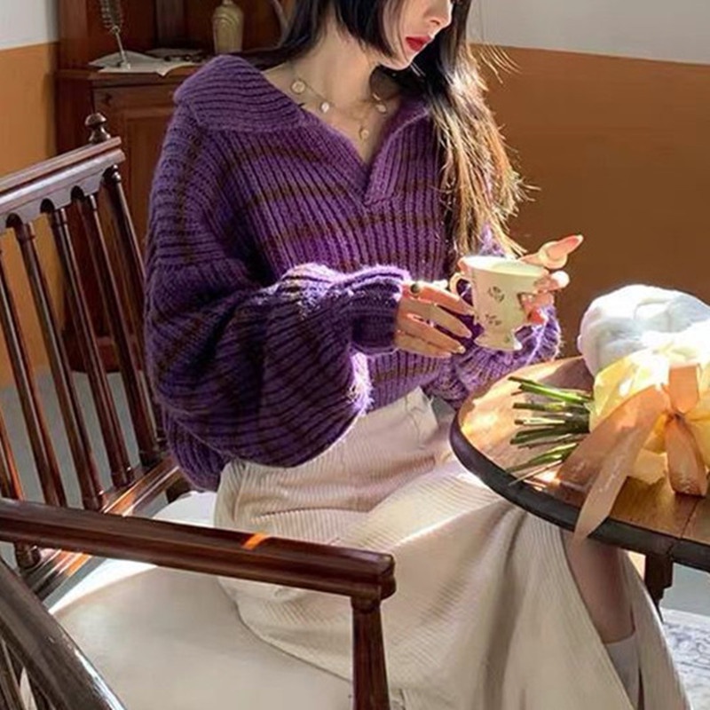 Áo sweater NZN dệt kim cổ bẻ dáng rộng họa tiết kẻ sọc thời trang thu đông mới dành cho nữ