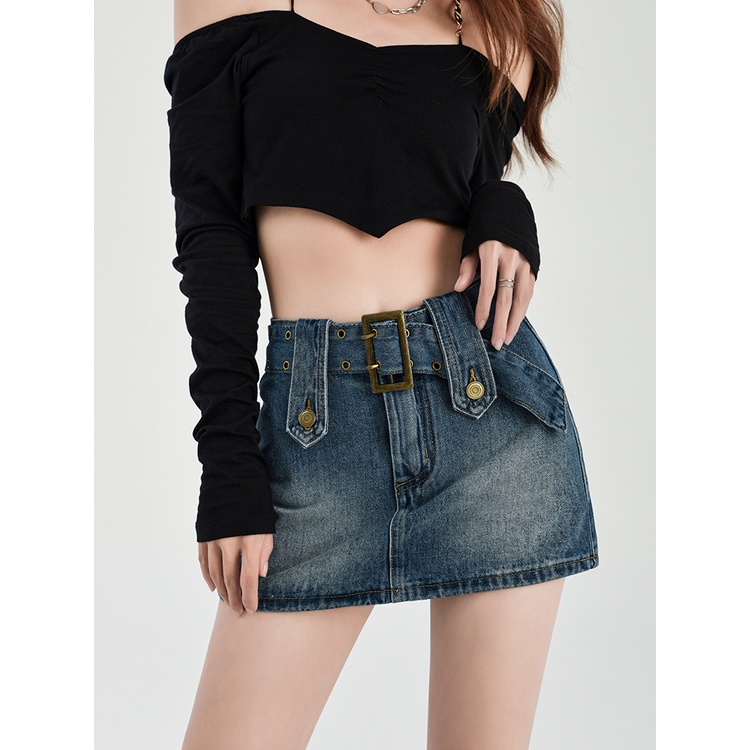 Chân váy jean QKOOLE dáng chữ A lưng cao phong cách Hàn Quốc cho nữ