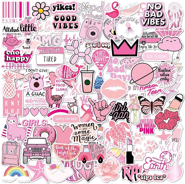 Sét 30-50 Sticker màu Hồng ép lụa -hình dán pink có đề can bóc dán