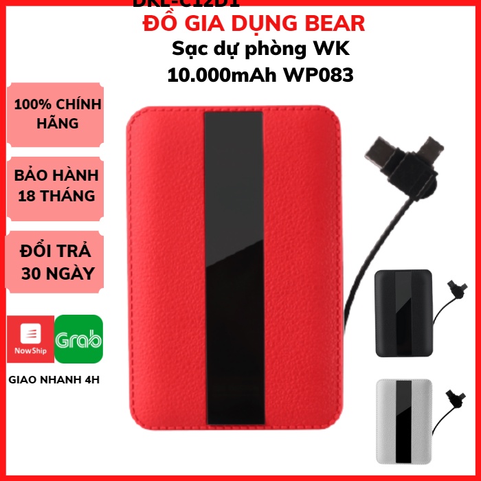 [Mã 155ELSALE giảm 7% đơn 300K] Sạc dự phòng tích hợp cáp sạc Remax WK WP-083 10000mAh - Hàng chính hãng