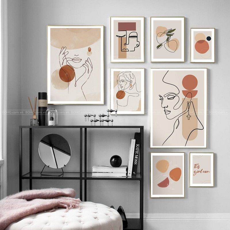Bộ tranh BOHO trừu tượng treo tường - Tranh canvas trang trí phòng khách phòng ngủ, tặng đinh 3 chân