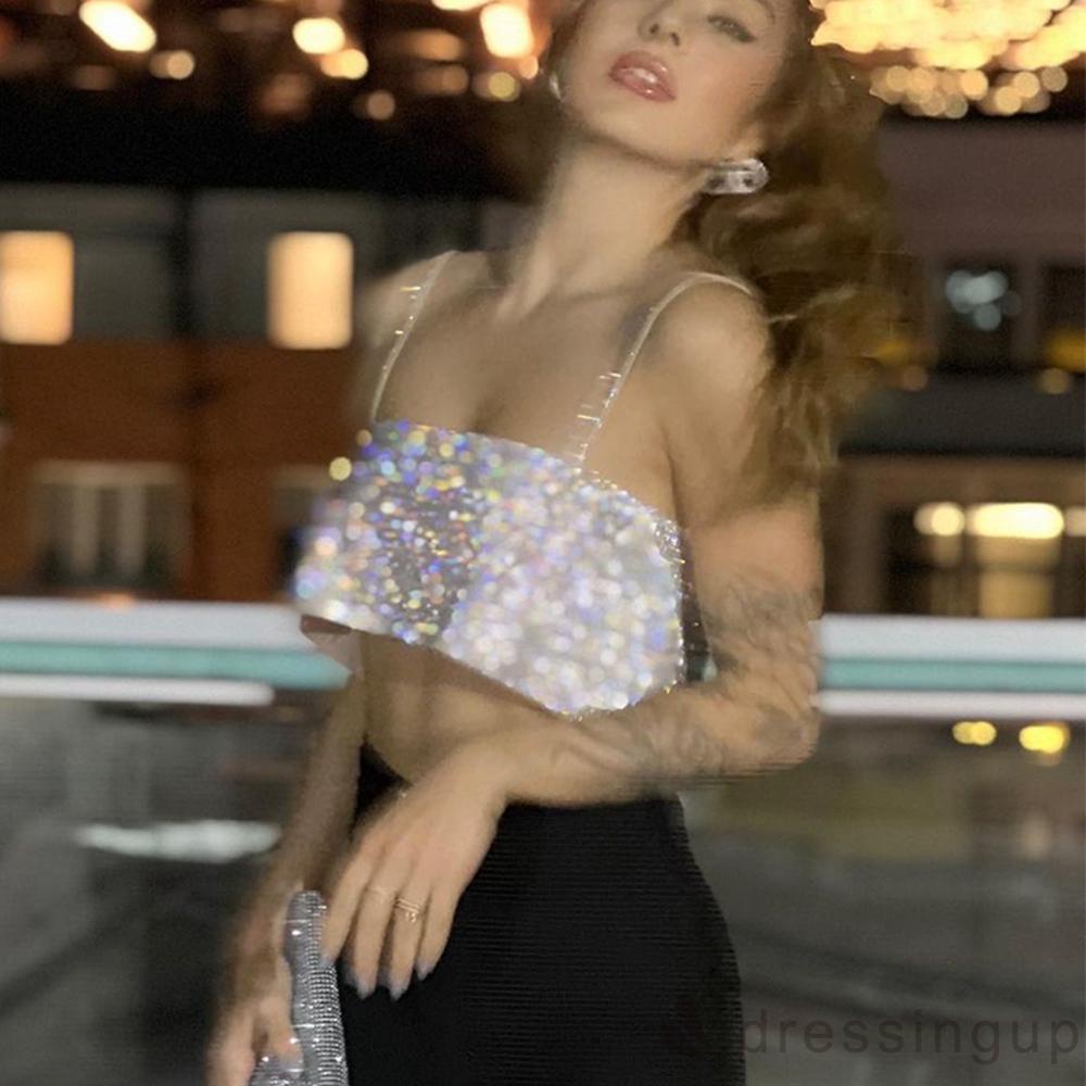 Áo croptop sát nách đính kim sa lấp lánh thời trang mùa hè quyến rũ cho nữ