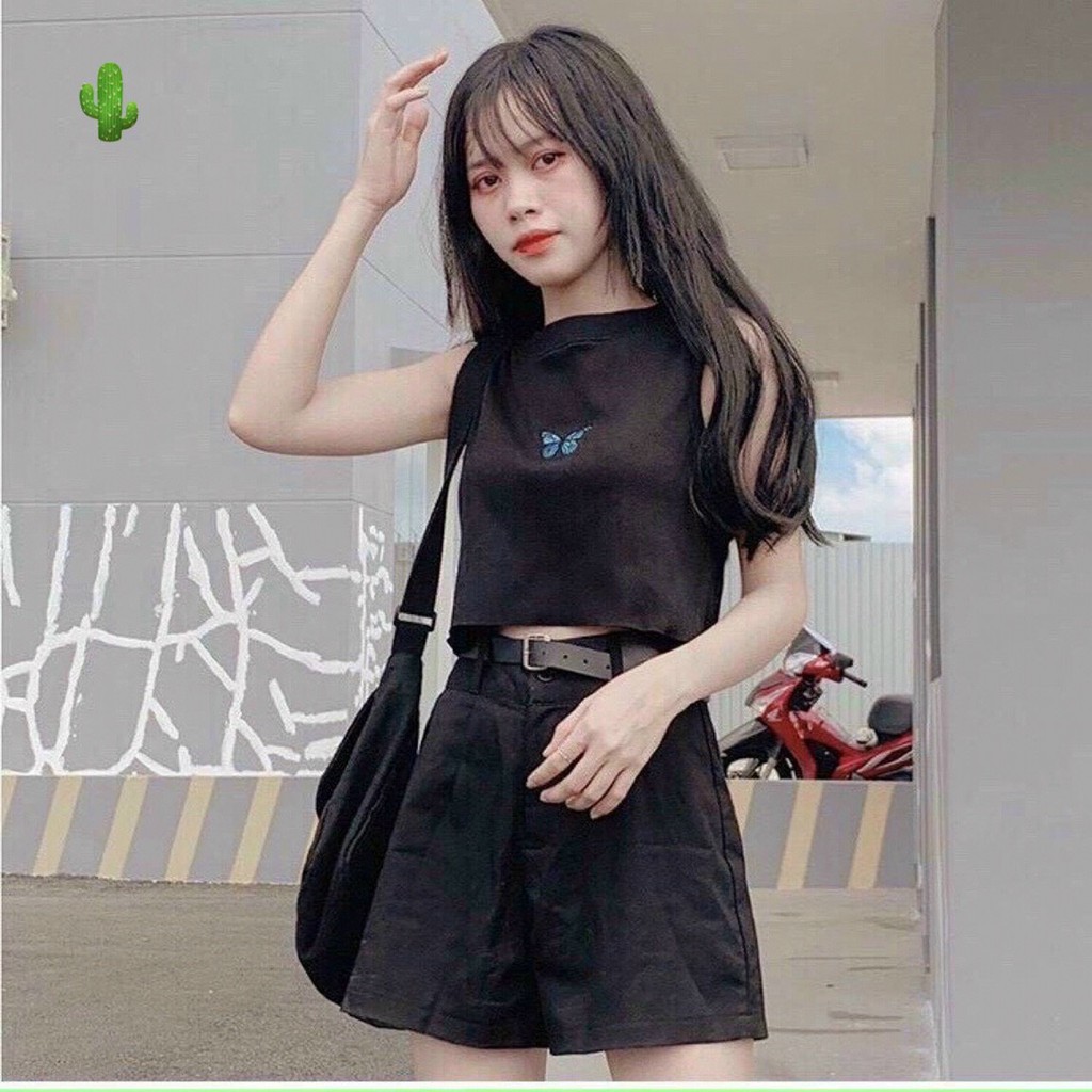 Áo croptop 3 lỗ thêu bướm thời trang dễ kết hợp chân váy quần cộc dễ thương TTPK0025