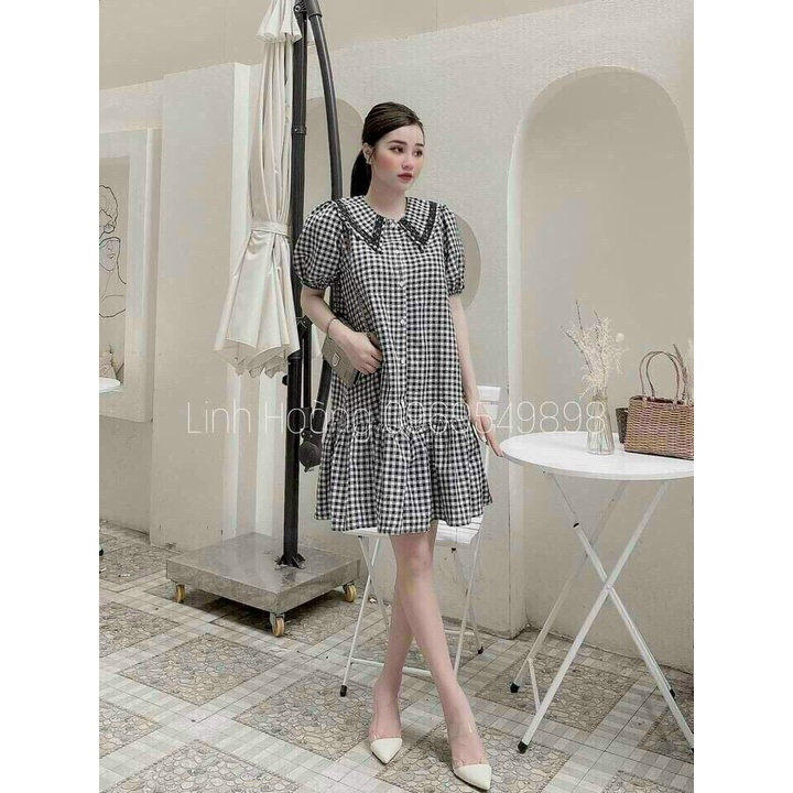 Đầm caro đen dáng suông đuôi cá, đầm tay búp cổ bèo ren phối nút,đầm bánh bèo babydoll đi chơi xinh xắn