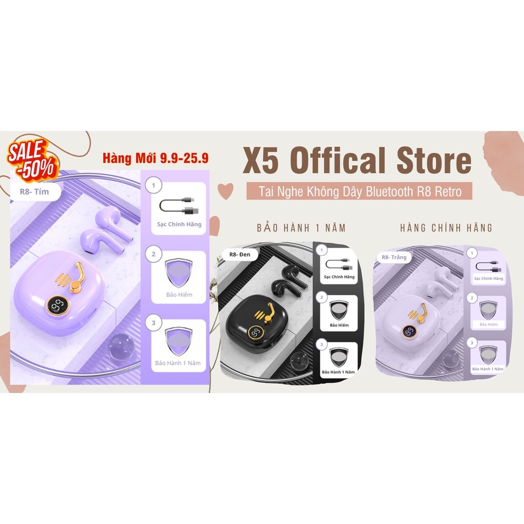Tai Nghe Không Dây Bluetooth R8 Tai Nghe Nhét Tai - Phong Cách Retro Độc Đáo, 5 Màu Ưa Chuộng Đen, Tím, Trắng, Xanh Rêu