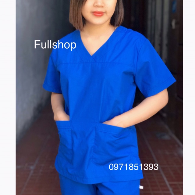 Bộ scrubs quần áo blouse cổ tim nam nữ màu xanh dương đậm - bộ đồng phục cổ tim bác sĩ, thẩm mỹ viện, spa