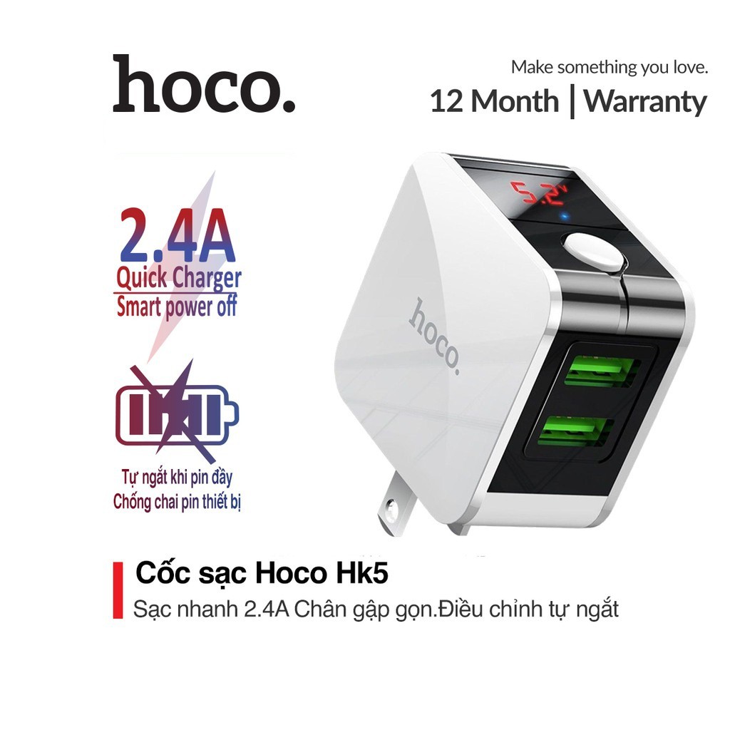 Củ sạc nhanh 2.4A Hoco HK5 chuôi dẹt 2 cổng USB tùy chỉnh tự ngắt thông minh bảo vệ thiết bị