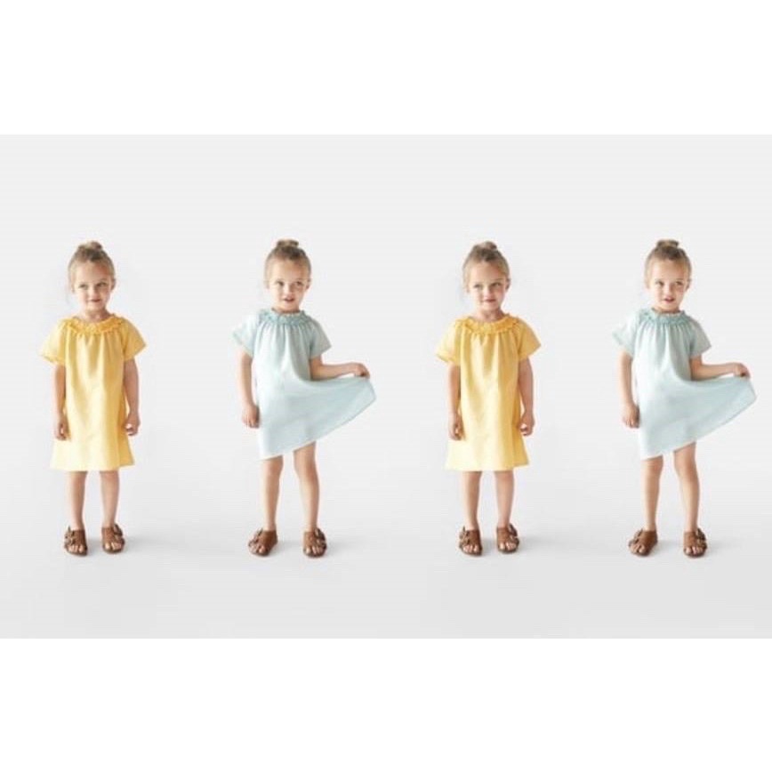 Váy linen Zara cổ nhún chun tay hến 2 màu vàng/xanh mint