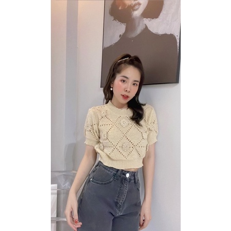 Áo len croptop hoa nổi
