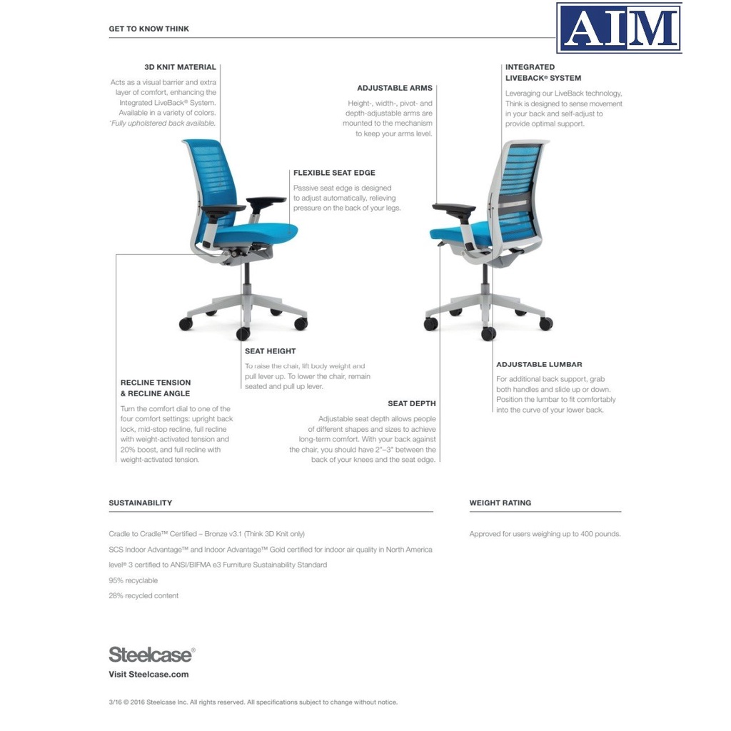 Ghế Công Thái Học Steelcase: THINK, Bảo hành 8 năm, Khung đen, Tựa lưng lưới, Ghế vải, Màu đen