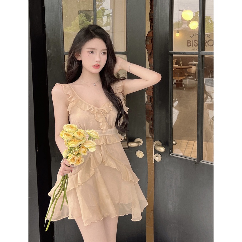 Đầm Chiffon Hai Dây Dây Chéo Viền Ren Thời Trang Hàn Quốc Thiết Kế Mới Mùa Hè Cho Nữ