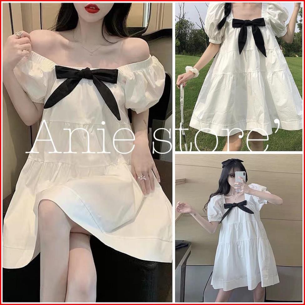 Váy Babydoll Cổ Vuông Nơ Gài _FREESHIP_ Đầm Trắng Nữ Cộc Tay Nơ Đen SIÊU RẺ | BigBuy360 - bigbuy360.vn