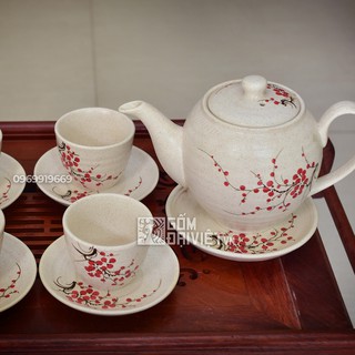 Bộ ấm chén Bát Tràng dáng bưởi men tiêu trắng vẽ hoa đào đỏ